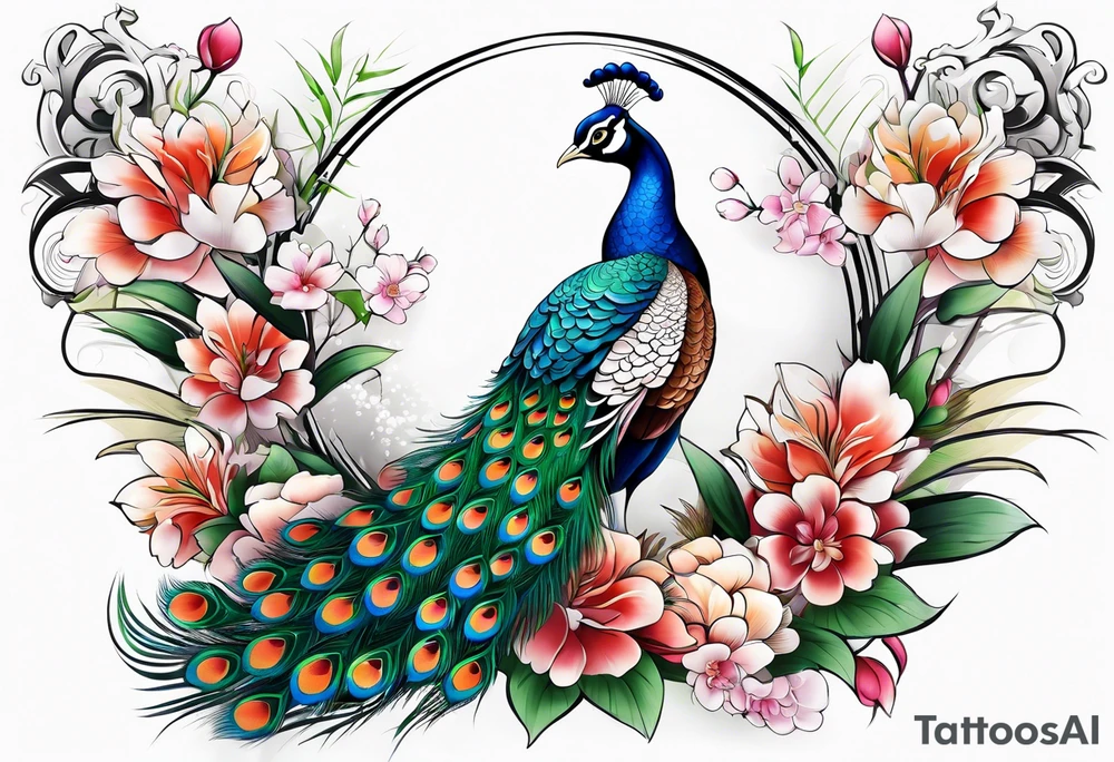 peacock with bamboo and flowers tattoo idea