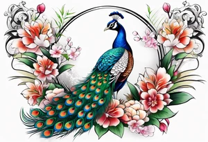 peacock with bamboo and flowers tattoo idea