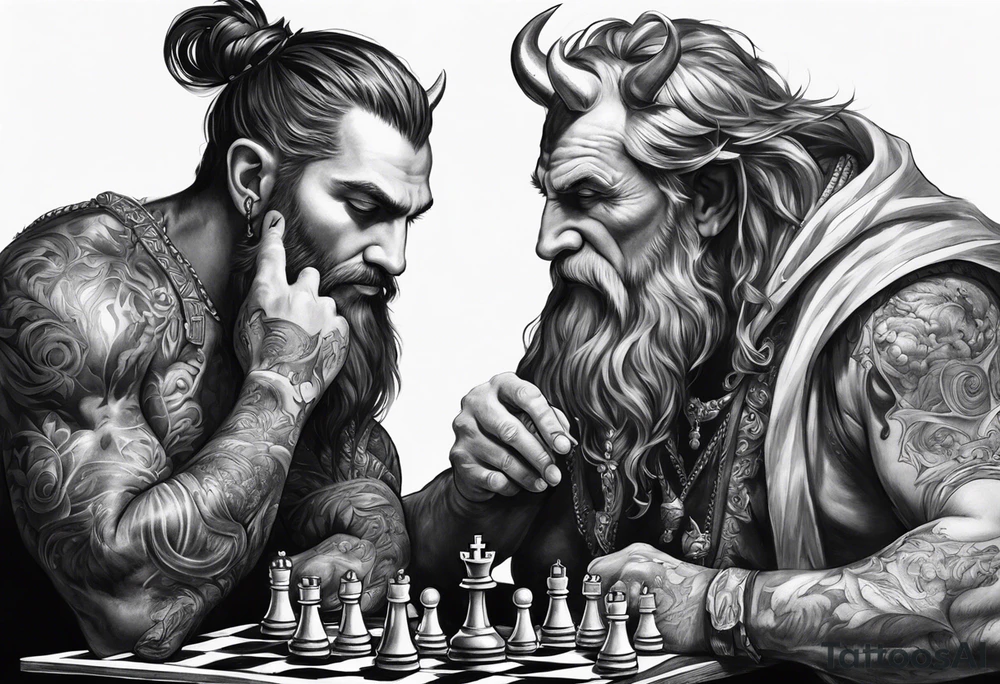 god and demon playing chess tattoo idea