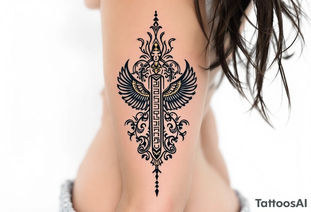 A personalized black cartouche with gold hieroglyphs, etched vertically down the side of the ribs. tattoo idea