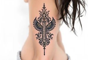 A personalized black cartouche with gold hieroglyphs, etched vertically down the side of the ribs. tattoo idea