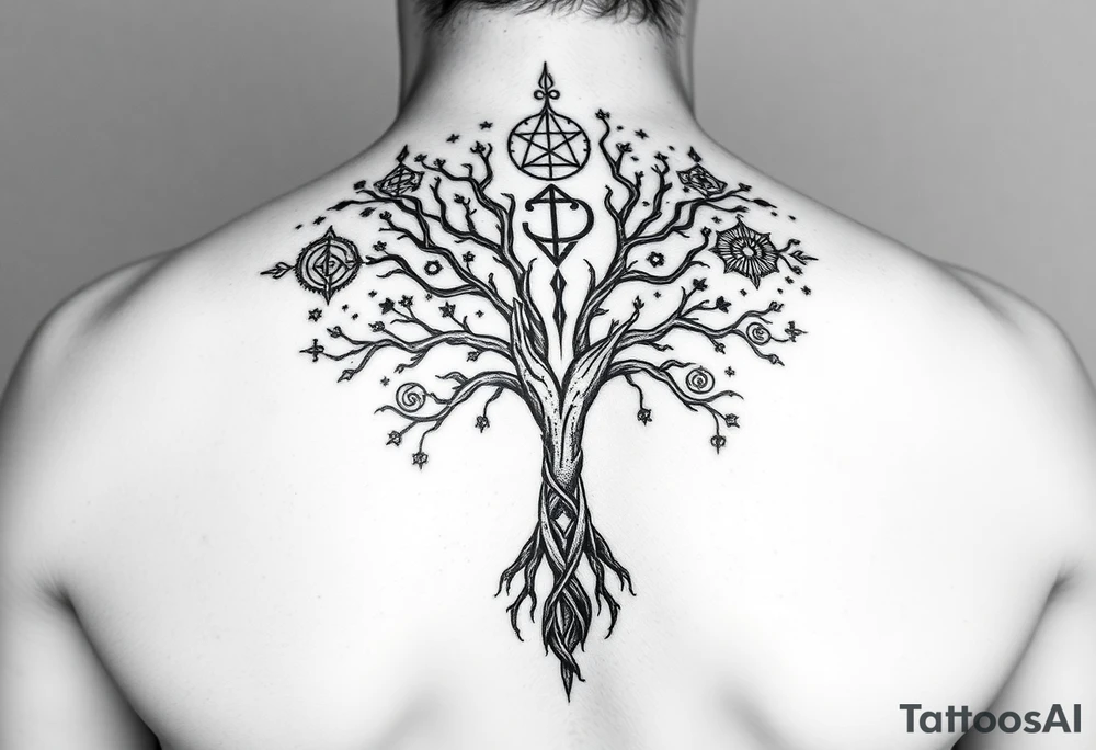 geometrical mystical tree of life with cosmic roots and celestial symbols branches with HIV-positive symbol tattoo idea