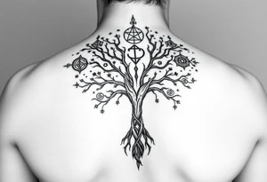 geometrical mystical tree of life with cosmic roots and celestial symbols branches with HIV-positive symbol tattoo idea