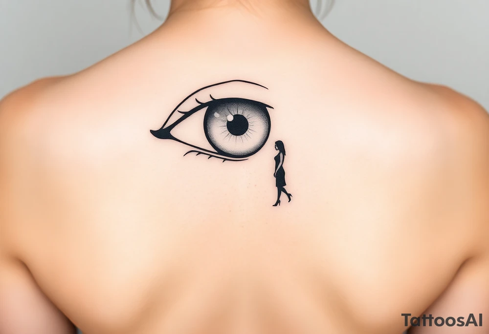 A fine line design featuring an eye with the reflection of an ambiguous woman walking away tattoo idea