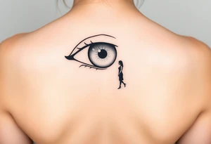 A fine line design featuring an eye with the reflection of an ambiguous woman walking away tattoo idea