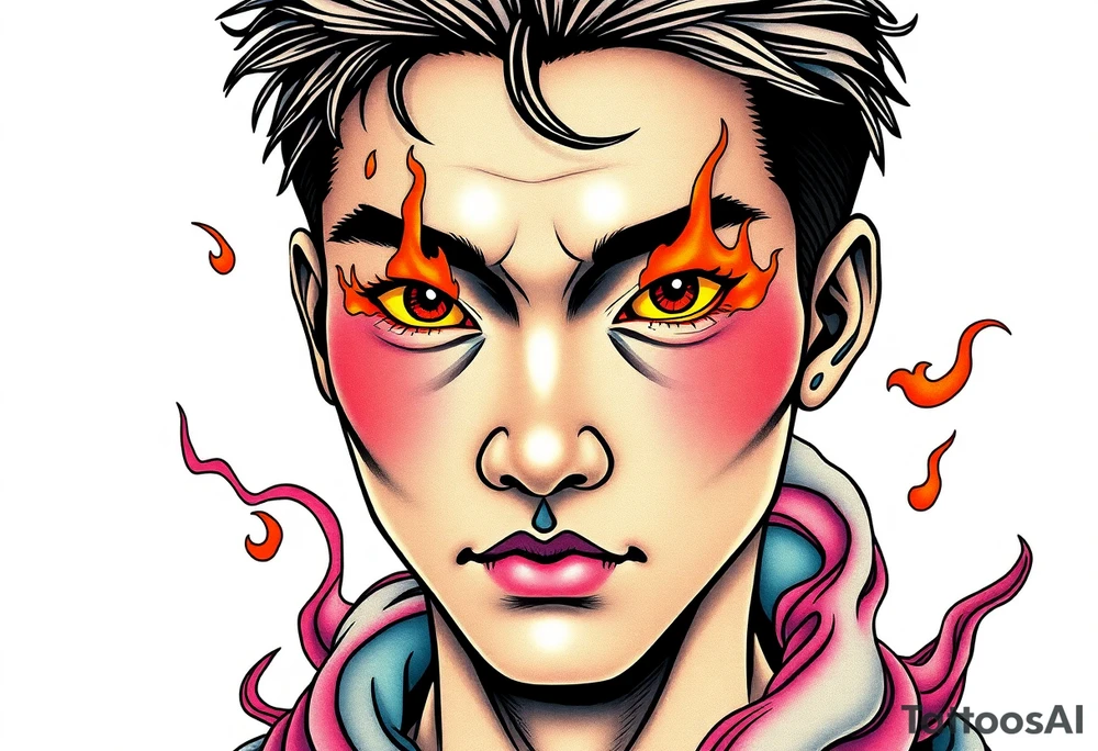 Handsome Asian young guy with burning eyes tattoo idea