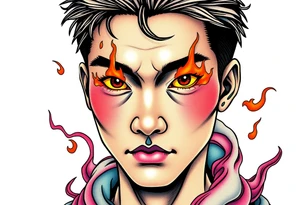 Handsome Asian young guy with burning eyes tattoo idea