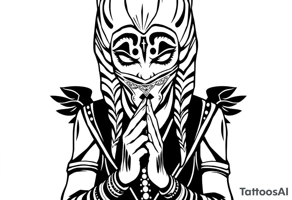 Ahsoka praying with rosary in hands and bandana over mouth tattoo idea