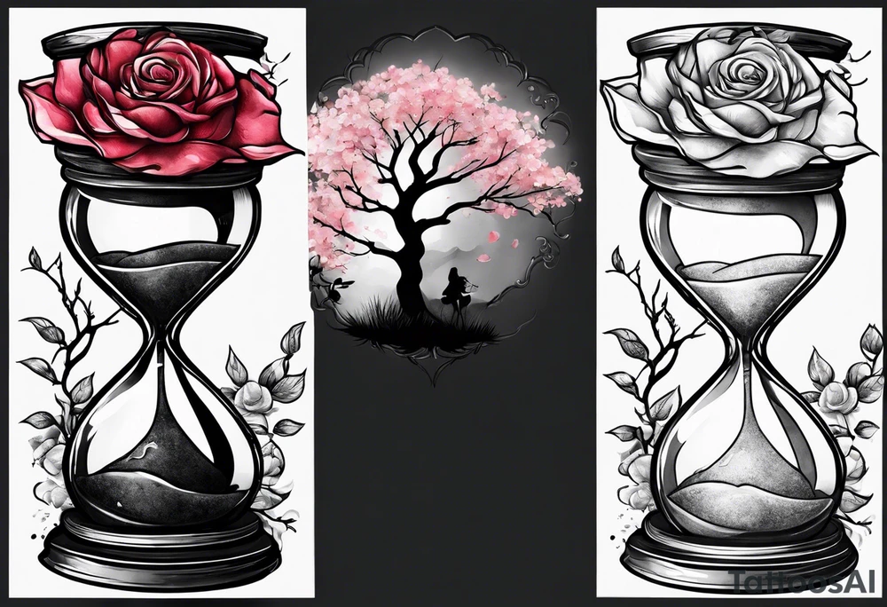 Rose on hourglass with sakura tree inside tattoo idea