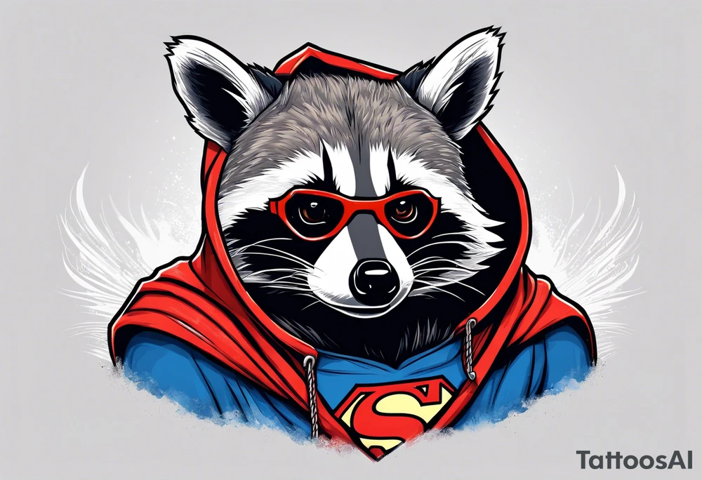 raccoon wearing a Superman hoodie tattoo idea