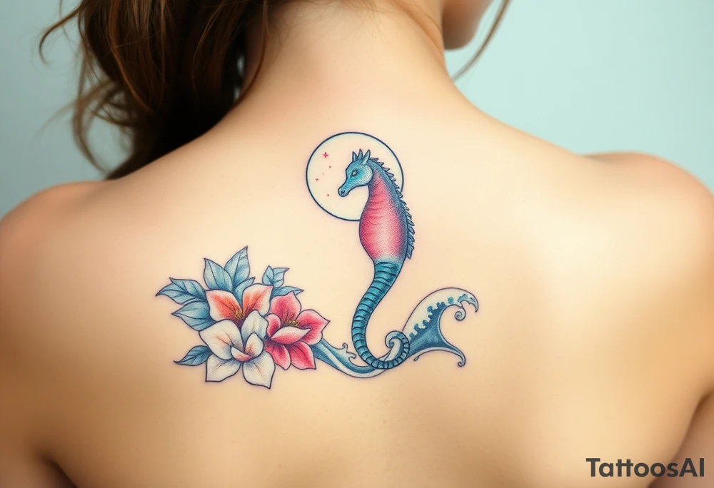 Sea horse flowers moon and waves tattoo idea