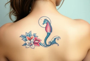 Sea horse flowers moon and waves tattoo idea