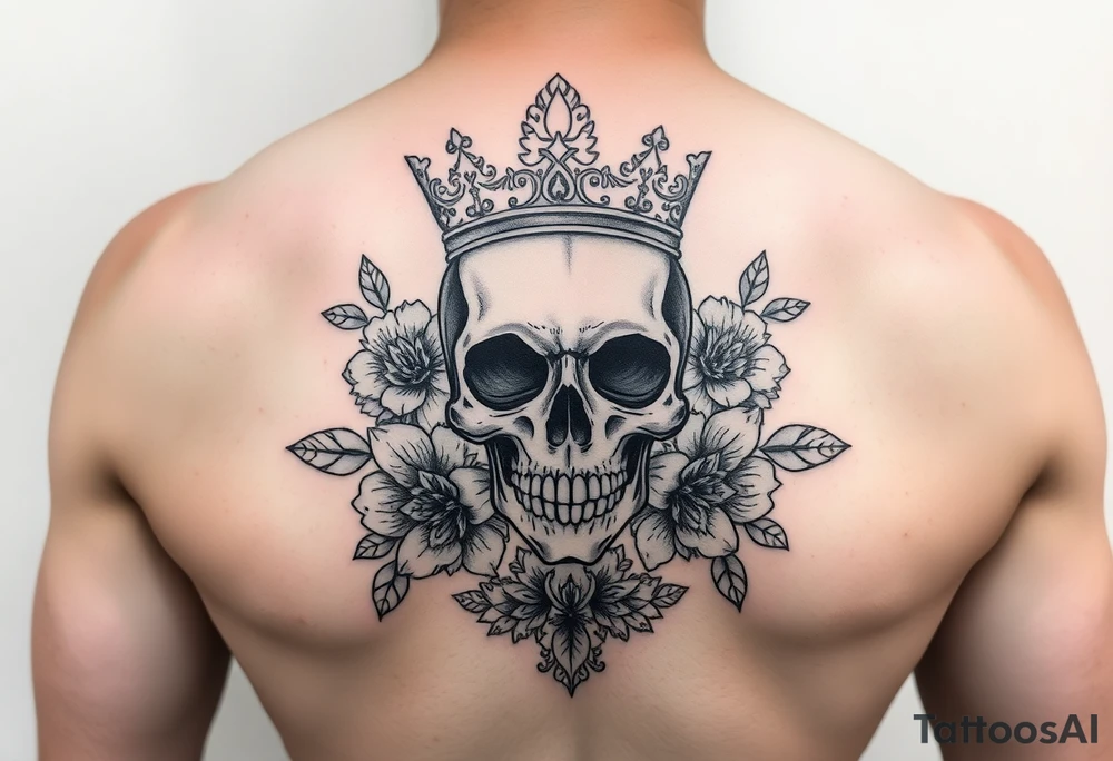 Beautiful elegant skull with crown surrounded by flowers with lace underneath tattoo idea