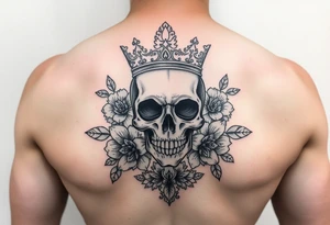 Beautiful elegant skull with crown surrounded by flowers with lace underneath tattoo idea
