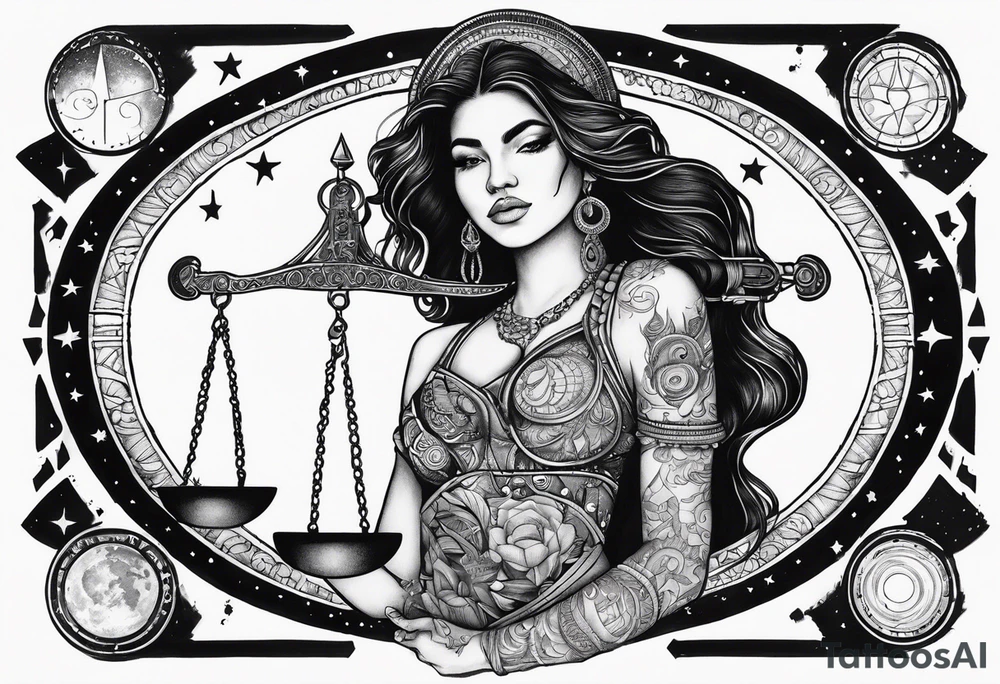 Libra woman holding scales with a night zodiac background including a half moon that encircles half of the woman with vibrant colors tattoo idea