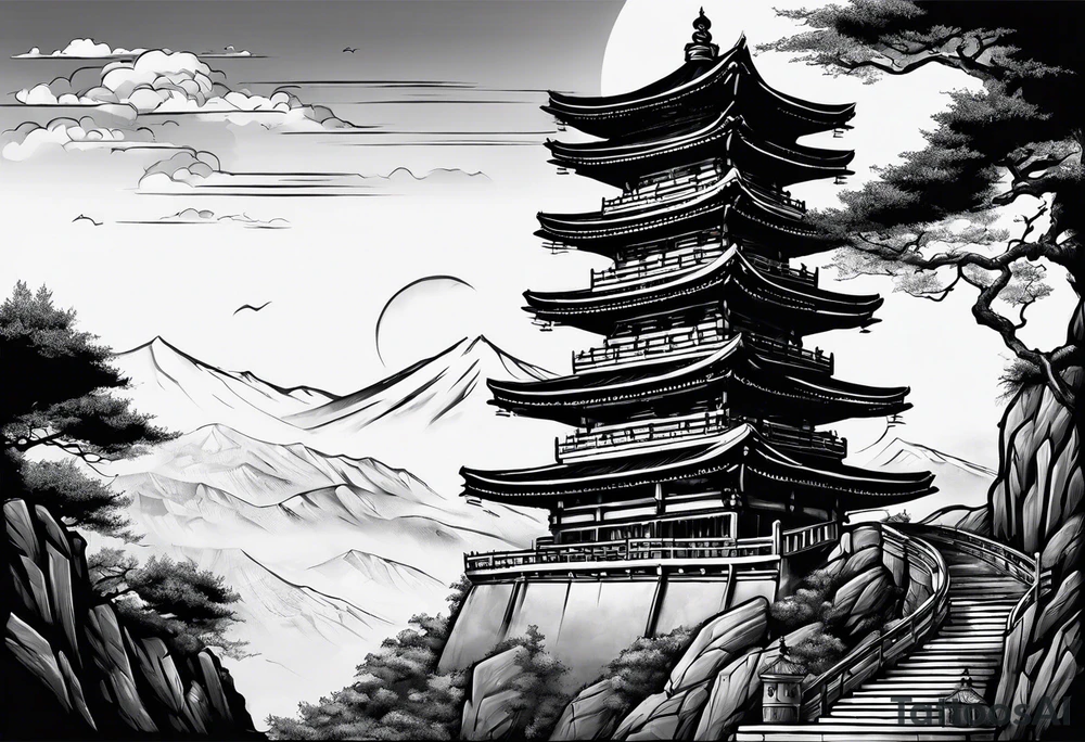 tower with ronin climbing the stairs tattoo idea