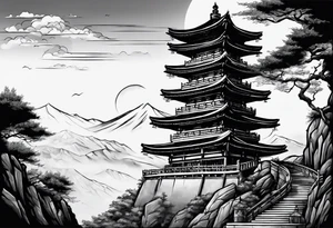 tower with ronin climbing the stairs tattoo idea