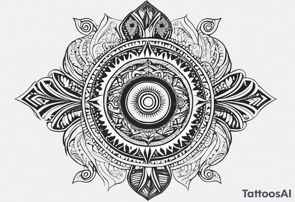 Tatouage ornement noir et blanc. Forme géométrique en longueur avec quelques petit signes aborigène australiens désignant les kangourous et la vie. Puis dessiner un soleil, des vagues. Ainsi que  des feuilles provenant d’Australie et de  Bali. Lignes très fines. tattoo idea