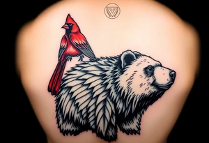 Realistic bright red cardinal perched on a bear. Native American vibes tattoo idea