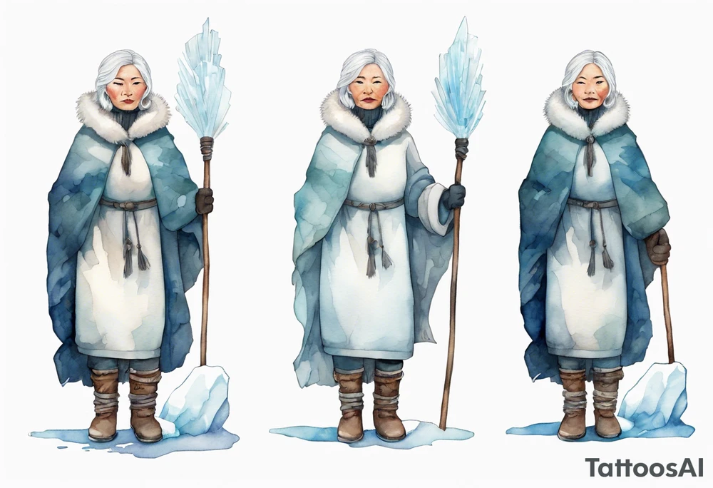 a middle aged Inuit woman with white hair, wearing mittens, mukluks, and a white cloak. Holding a white staff. Standing on an iceberg alone tattoo idea