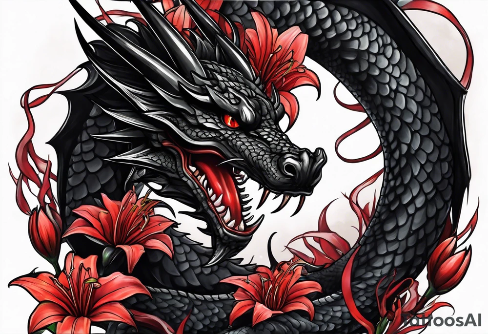Black dragon surrounded by lightning. Red spider Lillies. tattoo idea