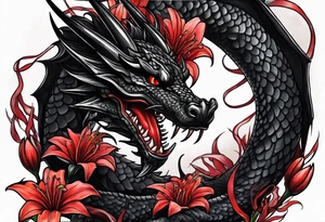 Black dragon surrounded by lightning. Red spider Lillies. tattoo idea