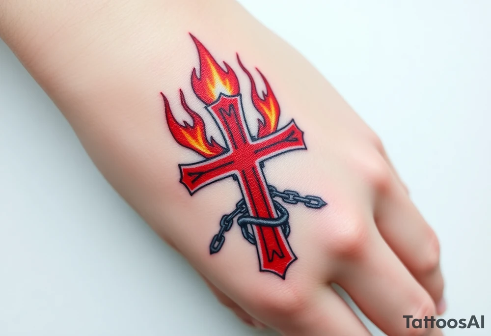 A red Maltese cross engulfed in flames, with iron chains wrapped around it, symbolizing resilience and unbreakable faith tattoo idea