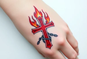 A red Maltese cross engulfed in flames, with iron chains wrapped around it, symbolizing resilience and unbreakable faith tattoo idea