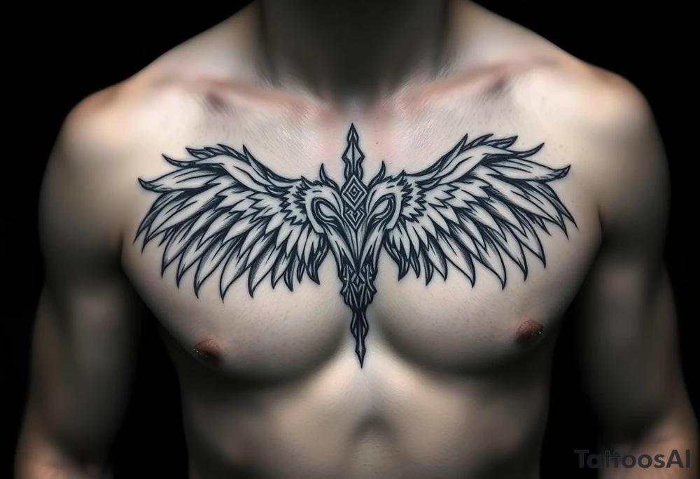 Symetrical upper chest tattoo, dark, animal icelandic symbols tattoo idea