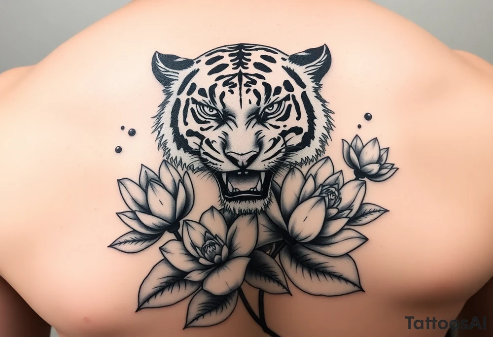 fierce tiger emerging through blooming lotus flowers in mist tattoo idea