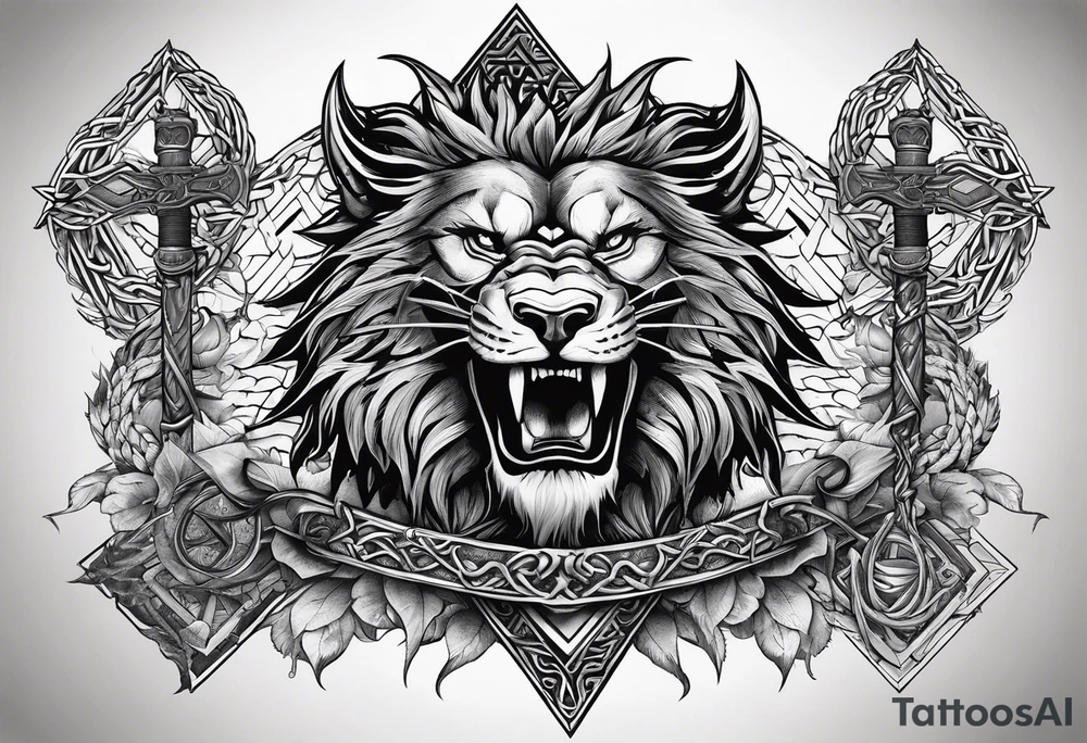 Valhalla sword shield  axe lion dragon 
Valknut barbed wire chains tattoo idea