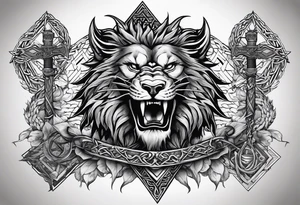 Valhalla sword shield  axe lion dragon 
Valknut barbed wire chains tattoo idea