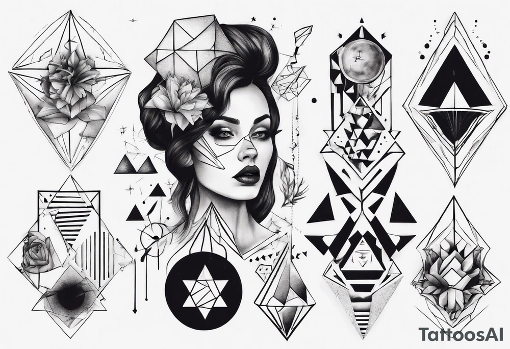 beautiful woman mixed with geometric objects tattoo idea