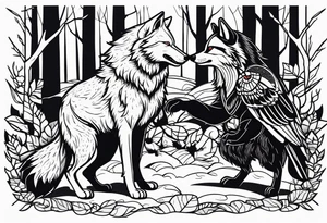 A Wolf and a raccoon are fighting
A crow ist watching them
Background Woods tattoo idea