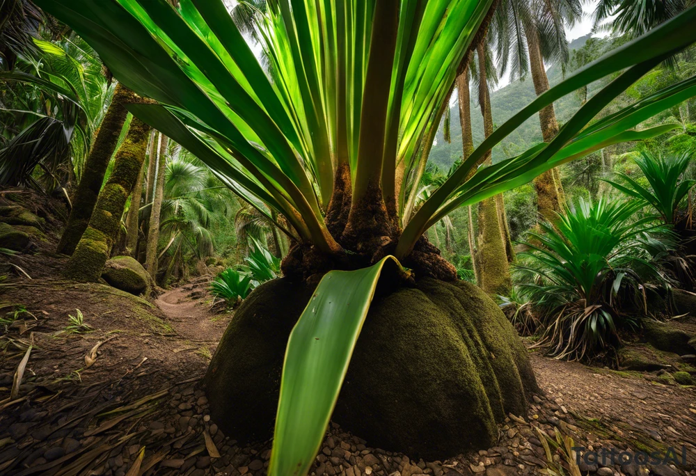 A striking Gachala emerald sits at the base of a tall quindio wax palm, which grows resiliently from cracks in rugged, rocky soil. The emerald is the main focal point, symbolizing strength and endurance, while the wax palm, rooted in the soil’s crevices, represents growth and resilience. A small water stream flows gently from the rocks, adding an element of life and nourishment. tattoo idea