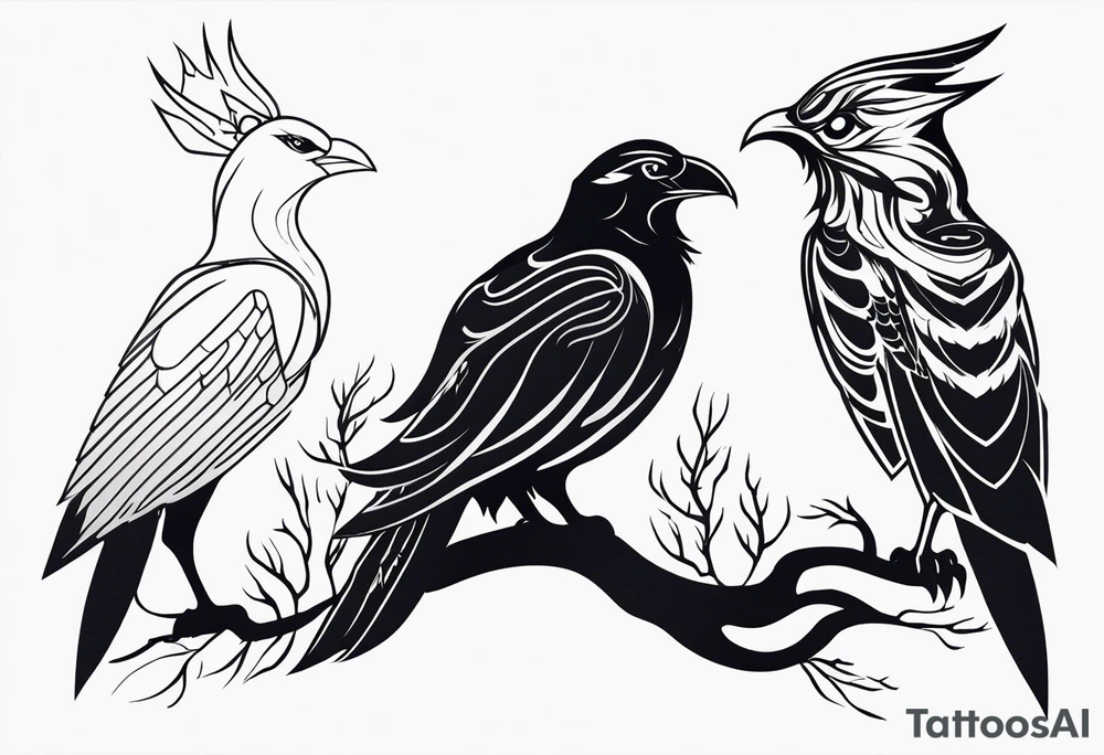 Phoenix with Raven and Tiger on left side and deer and owl on right tattoo idea