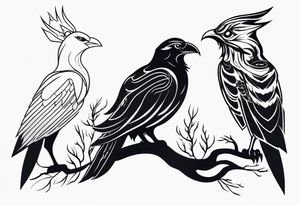Phoenix with Raven and Tiger on left side and deer and owl on right tattoo idea