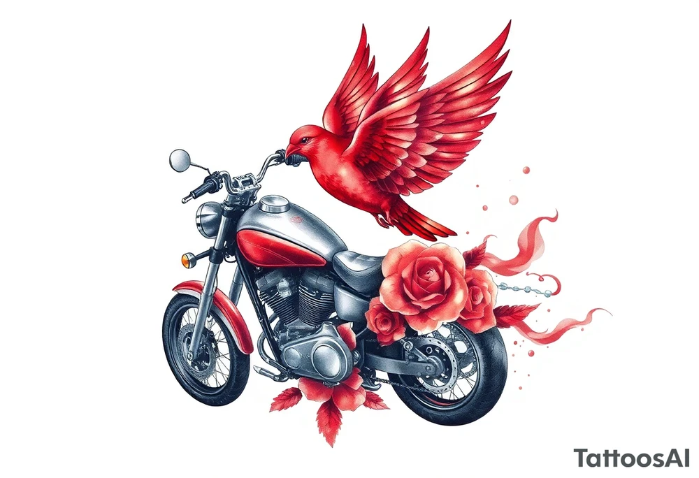 Motorcycle, red bird flying, roses and lace, flames tattoo idea