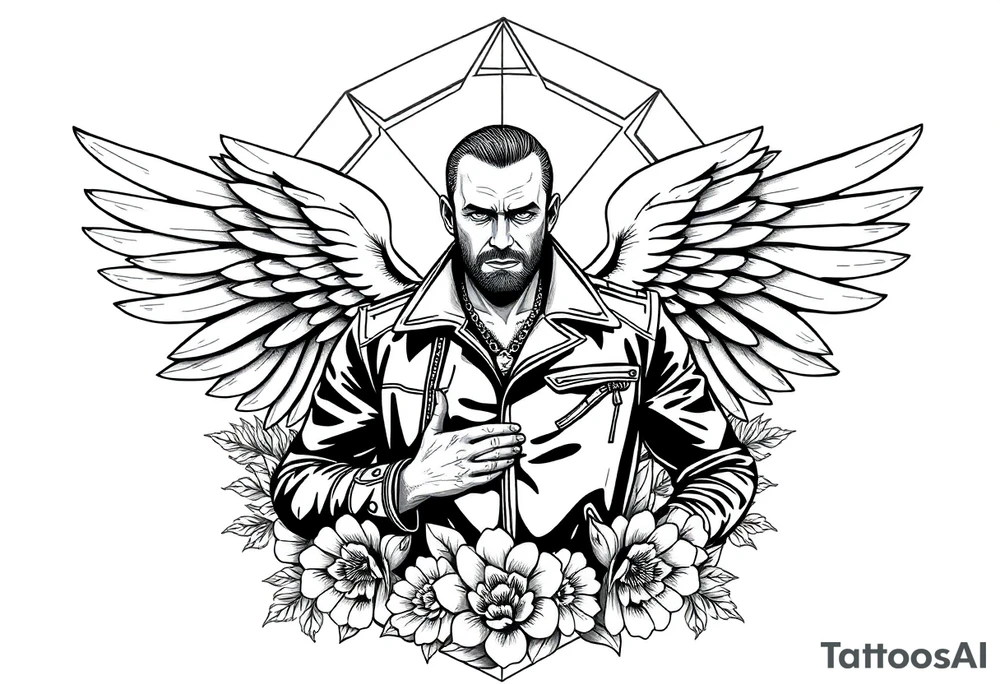 Strong powerful man with wings in leather surrounded by flowers and geometric boarder tattoo idea