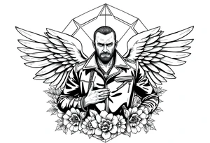 Strong powerful man with wings in leather surrounded by flowers and geometric boarder tattoo idea