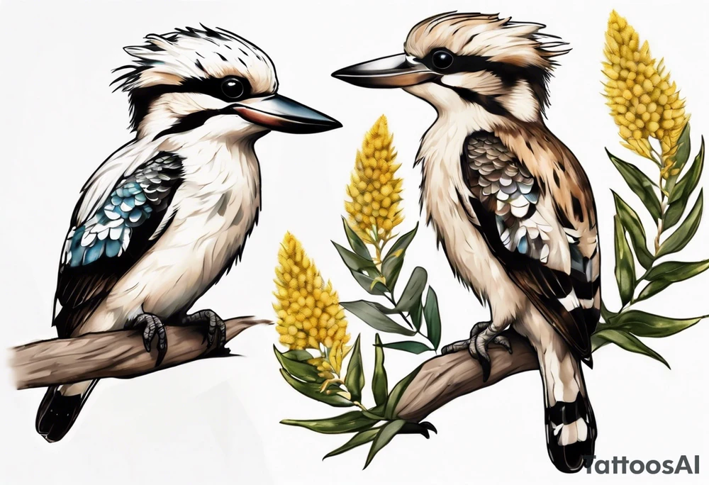 Small kookaburra holding wattle leaves tattoo idea