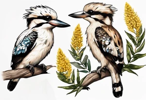 Small kookaburra holding wattle leaves tattoo idea