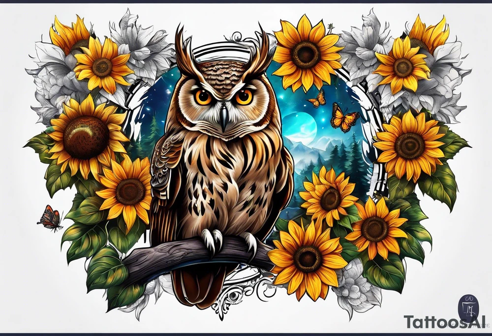 Sleeve with an owl, sunflower and butterfly tattoo idea