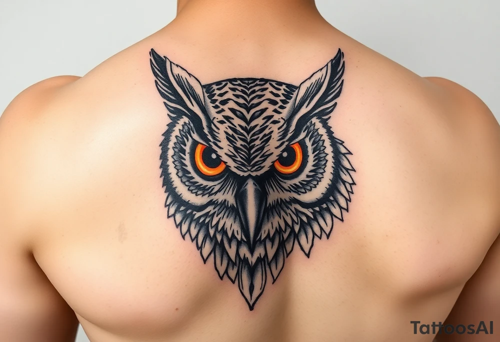 Biomechanics  large colored tripping eye owl head on the forearm tattoo idea