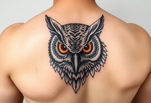 Biomechanics  large colored tripping eye owl head on the forearm tattoo idea