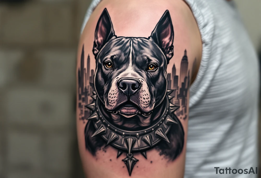 Staffbull with Spiked Collar and Urban Background
Muscular black-and-white Staffbull wearing a silver spiked collar, standing in front of a faded city skyline. Grayscale with bold outlines. tattoo idea