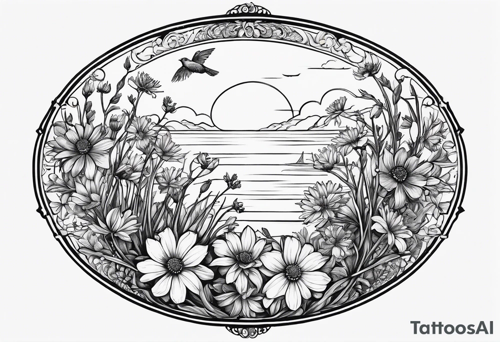 Oval shape with sea rocket and aster flowers with a small cardinal room in the center for a signature less ornate tattoo idea