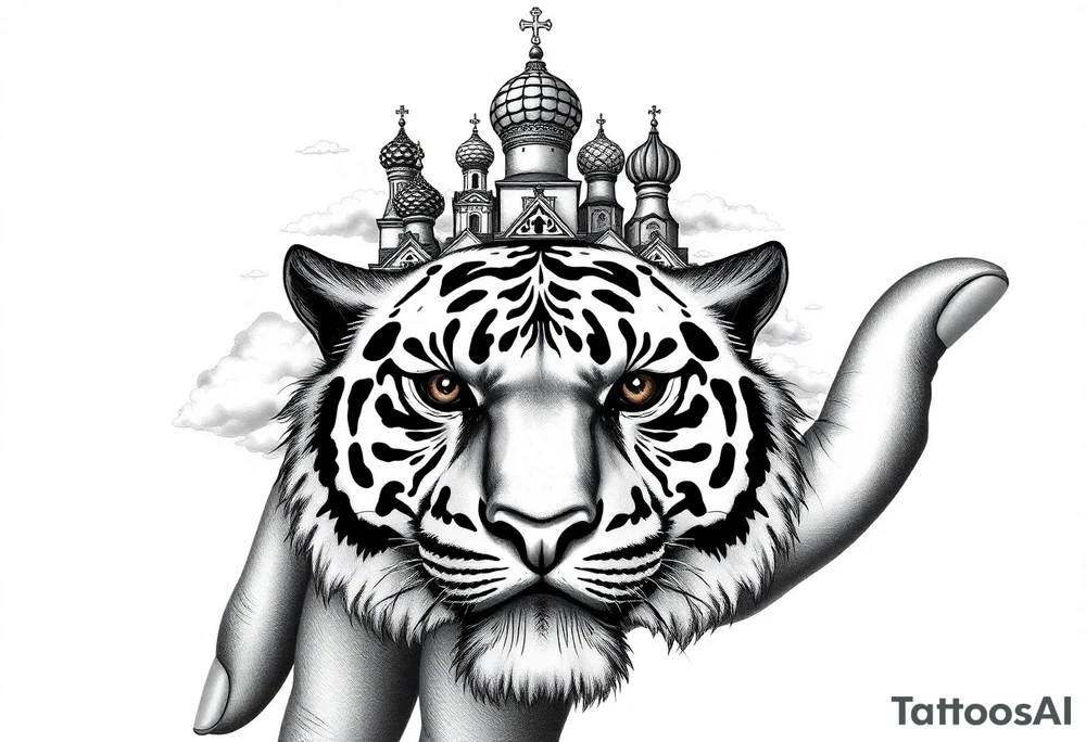 Realistic tiger face on the back of the hand with strong contrast and fine detail with hollow black eyes. with a highly detailed Russian Orthodox cathedral sitting above on fore arm with onion domes and orthodox crosses, done in fine line, engraving-like style. Cohesive composition, black ink only, no color, high contrast, slightly aged, documentary-style, plain light background. with clouds above and a virgin mary 
spanning from my hand to lower fore arm tattoo idea