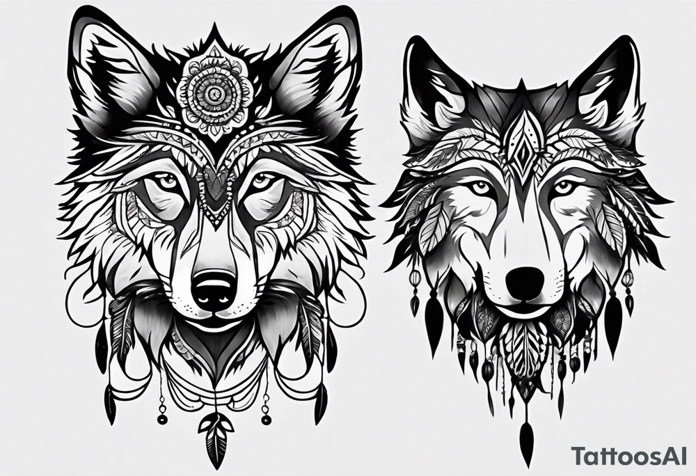 A whimsical wolf tattoo featuring mandala or dream catcher elements, with the wolf as the central focus. Show the wolves whole body standing surrounded by mountains in the background. Include flowers and nature elements to fill the space around the wolf. Some color but not completely solid bold color tattoo idea