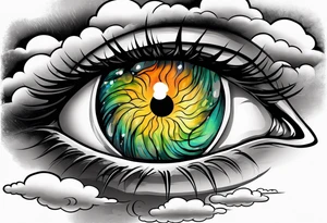 simple eyeball with a blue/green iris on top of dark stormy clouds with orange/yellow lightning coming from the clouds tattoo idea